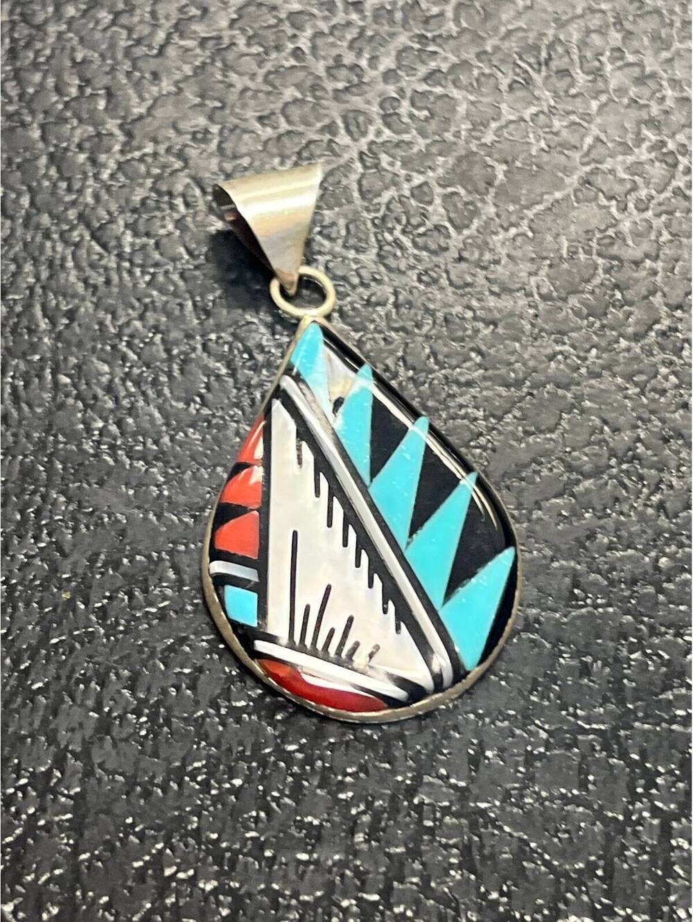 Native American Zuni handmade sterling silver turquoise multi inlay pendant